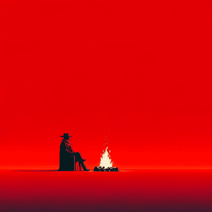 DALL·E 2023-11-18 15.12.06 - Create an image with a plain, vivid red background. In the distant center of this red backdrop, depict a small bonfire with a mysterious Black man wea.png
